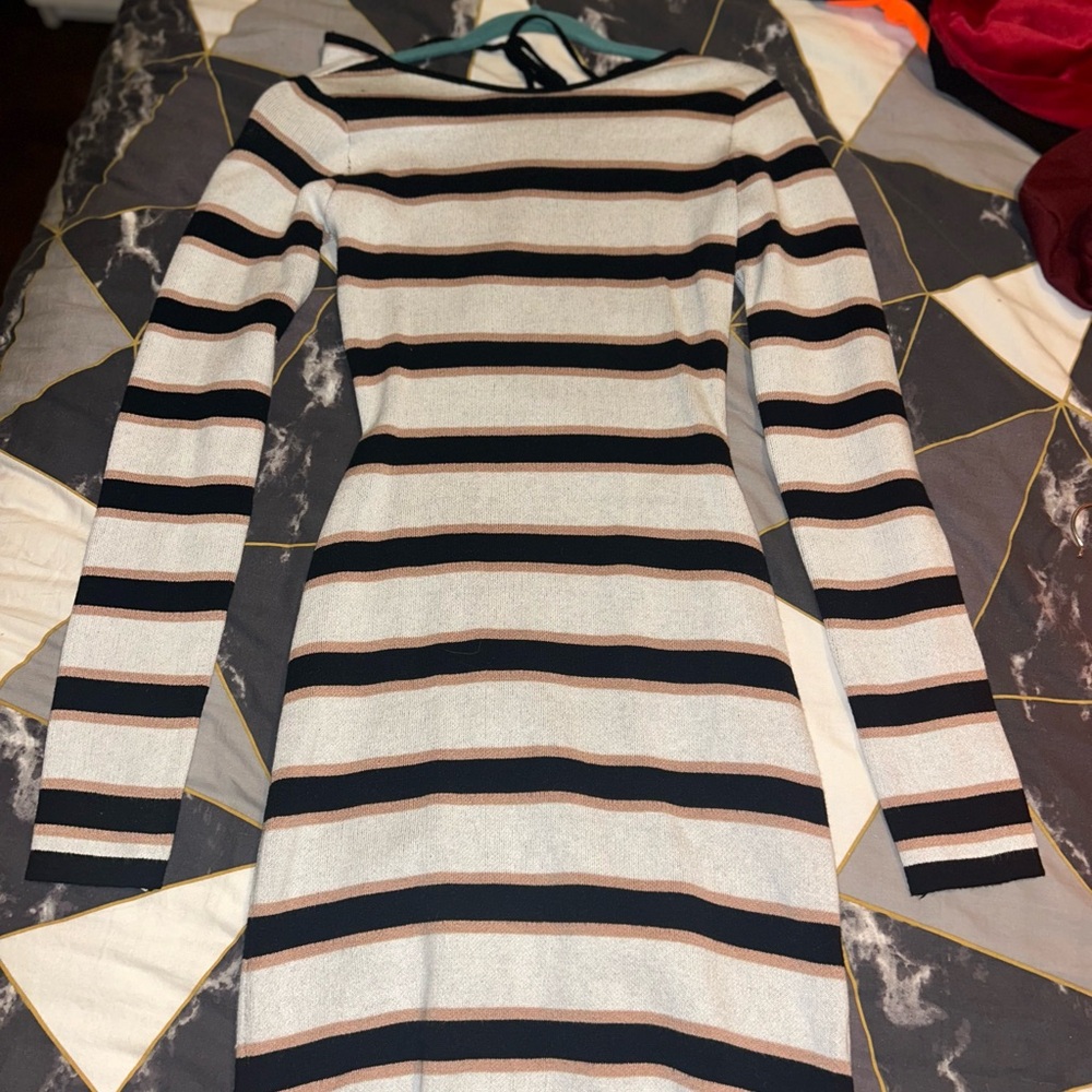 Fashion Nova Black and Cream Striped Long Sleeve Dress